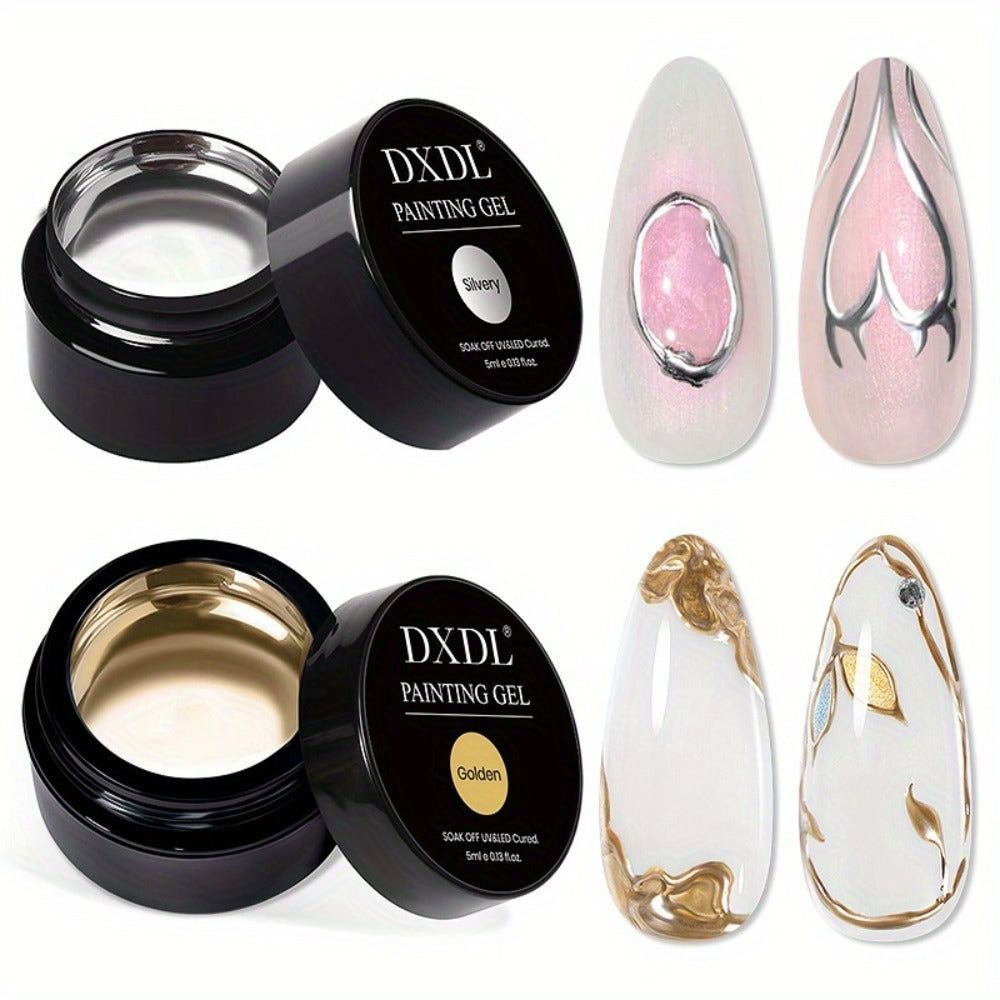 DXDL 2pcs 0.17oz Metallic Painting Gel Nail Polish Set, 3D Chrome Mirror Effect, Silvery And Golden Painting Gel Line And French Nail Art, Soak Off Painted Drawing Liner Design for Salon Nail Art Manicure Home