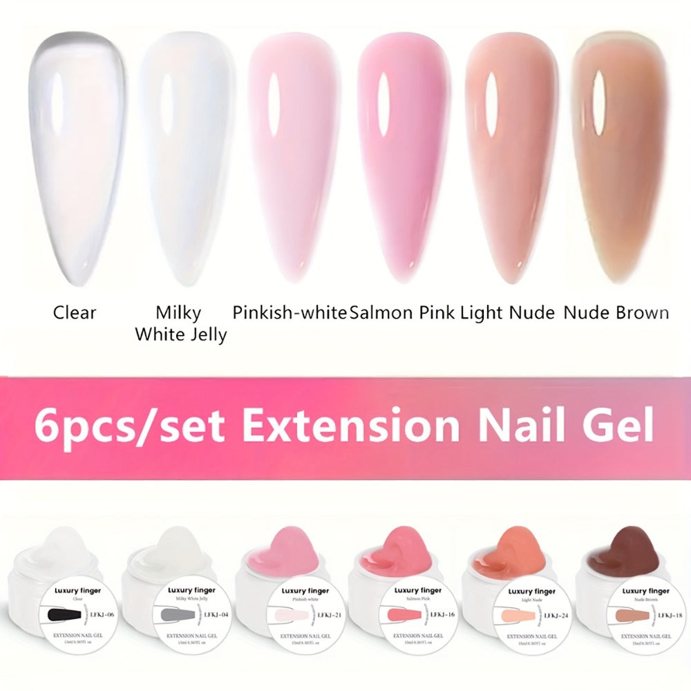 6 Colors/Set Cured Nail Extension Adhesive - Crystal Clear, White, Milky Jelly, Light Pink, Pink, Nude - Smooth, Alcohol-Free, Quick-Drying, Perfect for Nail Art And Salon Use