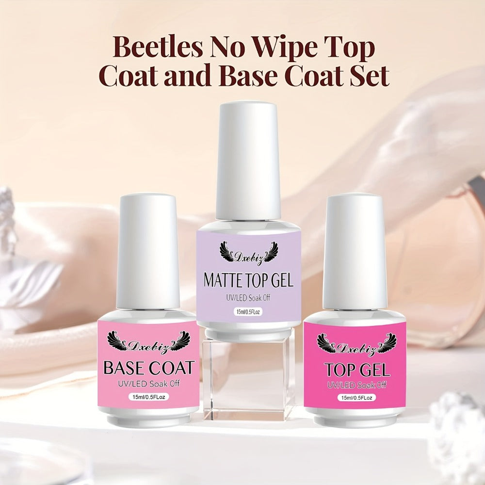 Gel Polish Base Coat Top Coat Set 3pcs No-Wipe Glossy Matte Top Coat Base Gel Long-Lasting Soak Off LED Nail Lamp Nail Art Kit 0.51oz Each