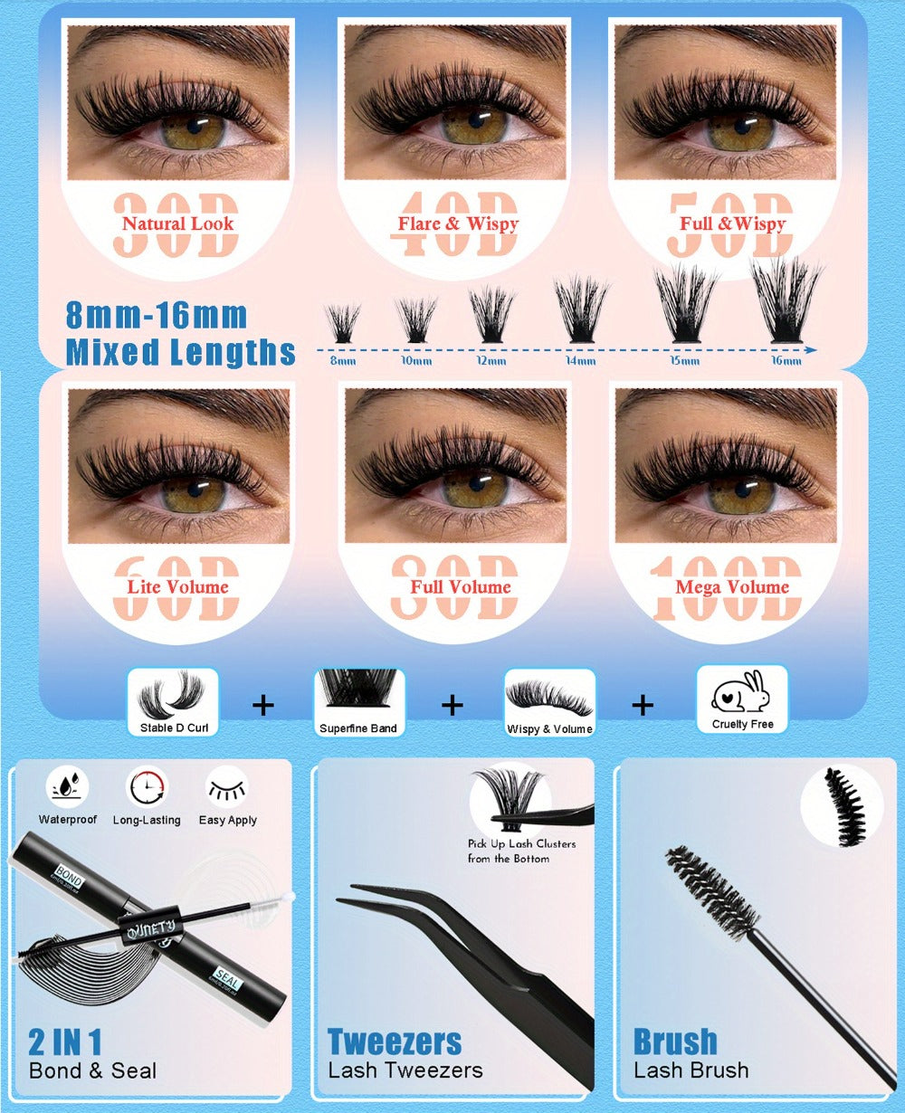 720pcs, 30D-100D Eyelash Extension Kit with Glue & Tweezers - 6 Styles/ Lengths, Lightweight Long-Lasting Cluster Lashes, No Irritation, 100% Handmade for Natural/ Volume Look