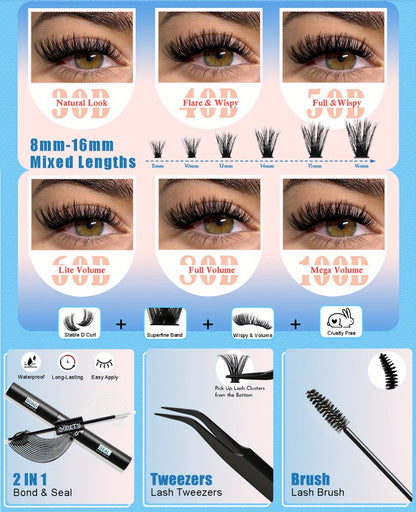 Cluster Lash Extension Kit 720pcs with Glue & Tweezers — 30D–100D, 6 Styles & Lengths, Lightweight Long-Lasting, No Irritation, 100% Handmade for Natural & Volume Look