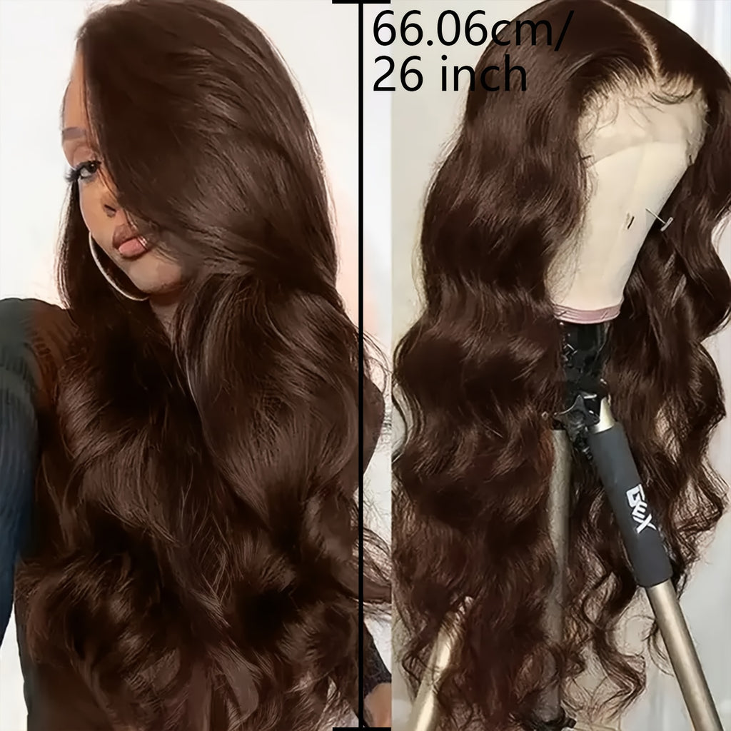 26-Inch Brown Body Wave Lace Front Wig, Synthetic Hair, Heavy Density, Glueless Design, Perfect for Daily Wear, Parties, And Cosplay