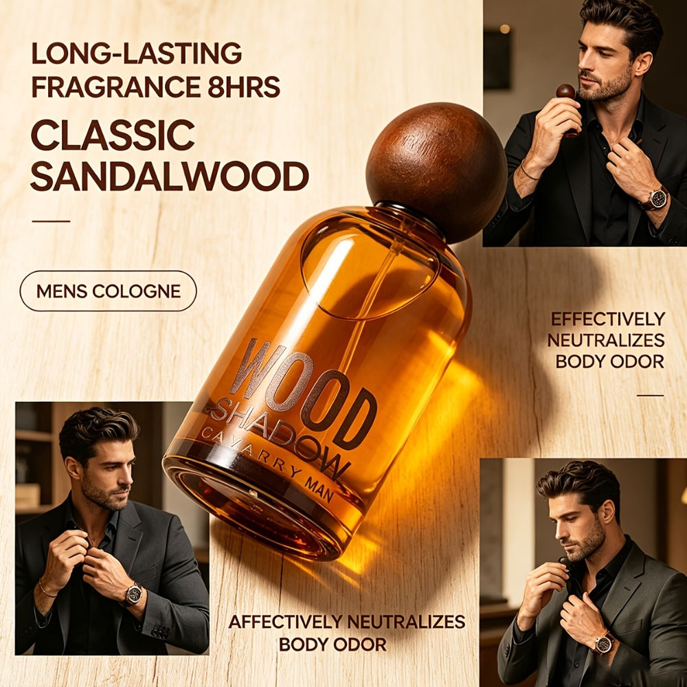 Sandalwood Cologne for Men Wooden Bottle Perfume Spray - Long Lasting Luxury Woody Fragrance, Professional Perfumer Blend for Party Business Dating Everyday Wear, Gift for Him