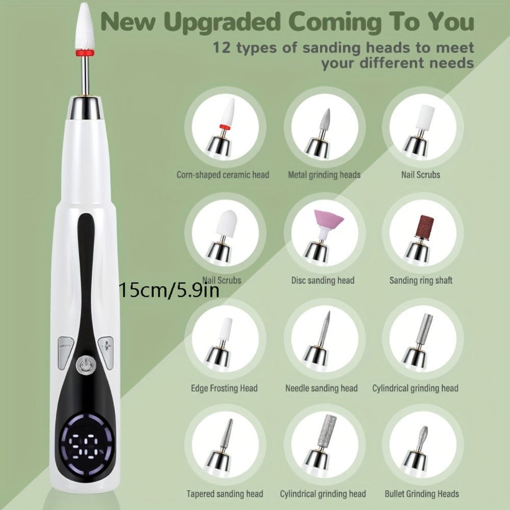 2025 Enhanced Electric Nail File, Featuring 12 Grinding Tips, Compact Home Manicure with Stand