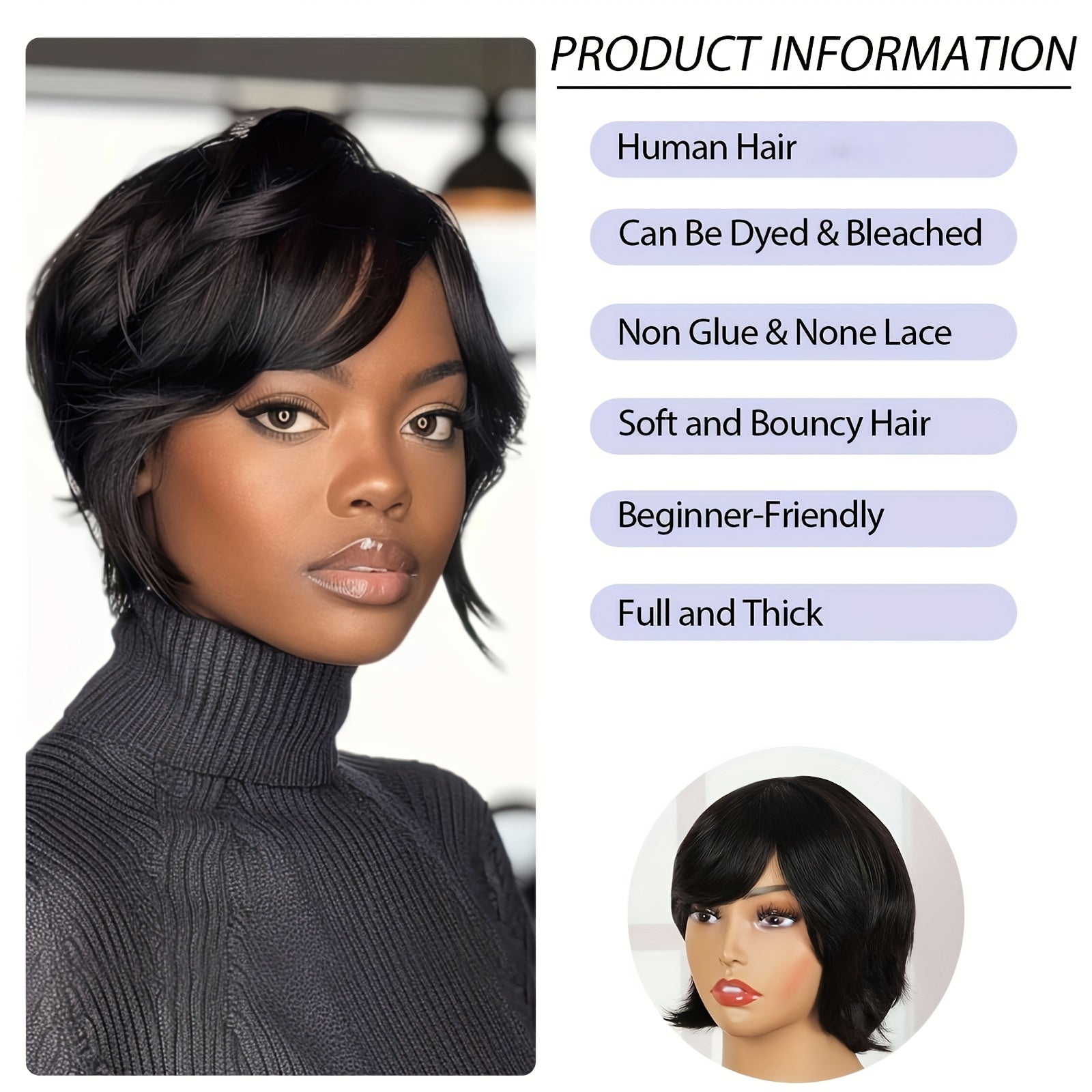 Human Hair Short Wigs for Women Short Curly Pixie Cut Bob Wig Human Hair Black Wigs with Bangs Short Bob Brazilian Remy Human Hair Wigs None Lace Front Wig (black)