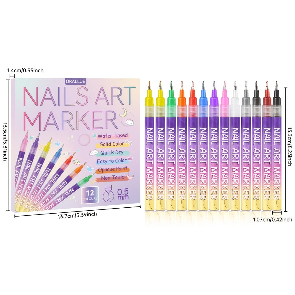12pcs DIY Nail Art Pens Fashion Nail Art Fine Decorations - Easily Create Complex Designs - Easy-to-Use Multi-Occasion DIY Nails - 0.5mm Nail Art Pen Set - Ideal Christmas & New Year Gift
