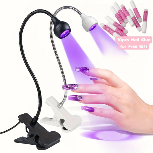 LED Nail Dryer | with 10pcs Nail Glue for Free Gift |Flexible Metal Tube | Clip-On Base for Hands-Free Manicure & Pedicure | Multi-Color Lighting | Ideal for Home Use | Perfect Gift for Holidays & Birthdays, Nail Accessorie