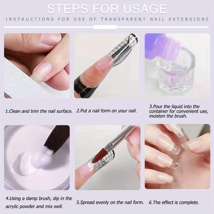 Acrylic Nail Kit Professional Set Clear Pinkish Nude Powder Non-Yellowing Liquid Monomer Brush Cleaner - Salon Quality Home Manicure Nail Art Tools