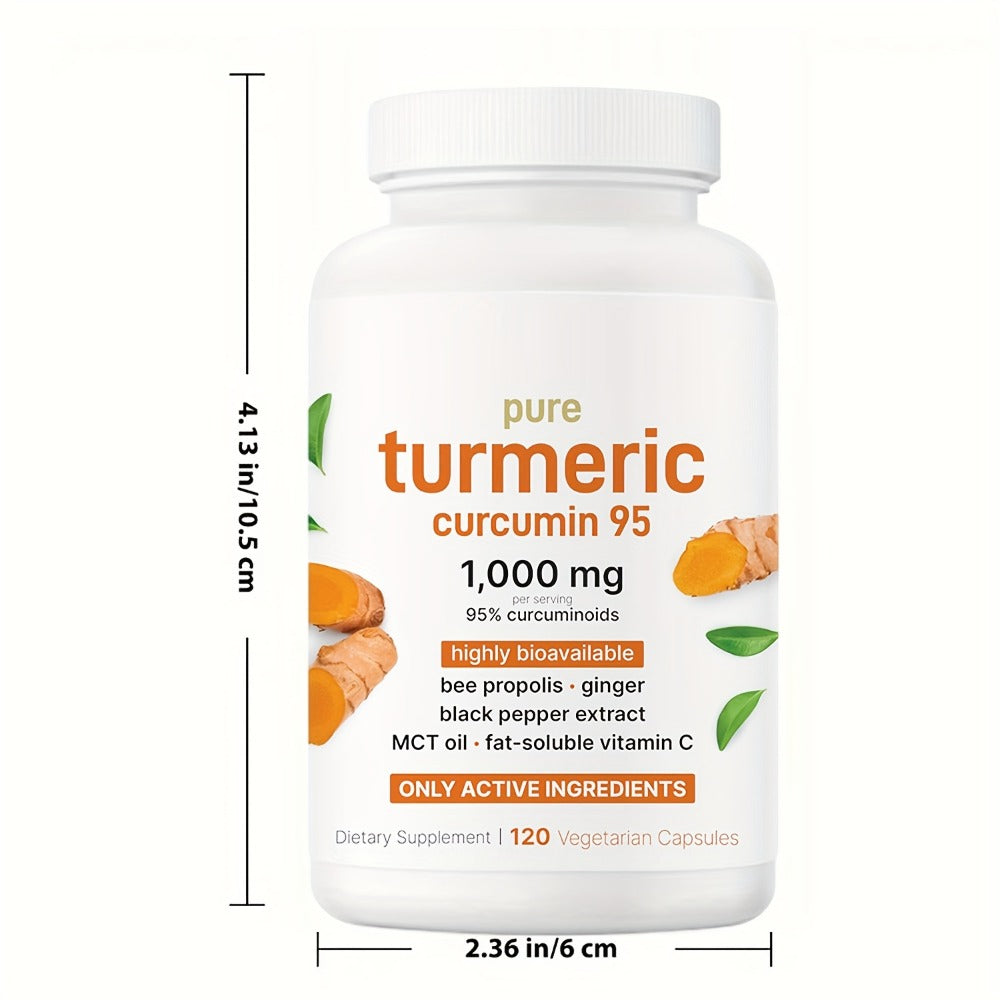 120 Capsules Premium Turmeric Curcumin 1000mg Supplement - Triple Action Heart & Brain Support With Ginger, Black Pepper & Bee Propolis - Natural Herbal Formula For Men & Women, Family Health Product