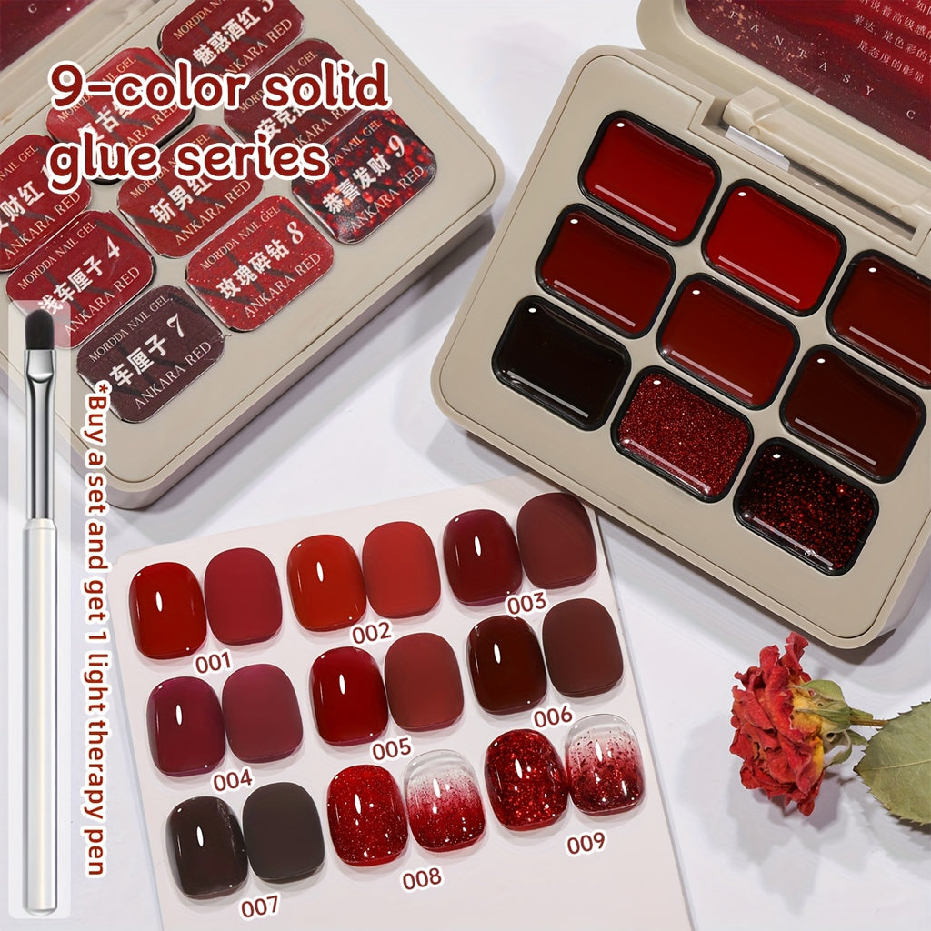 MORDDA 9pcs/set Ancola Red Solid Glue -- New Spring And Summer Nail Products Multifunctional Solid Nail Polish With Gradient Effects With Shiny Gloss And Fashionable LED Nails In High Saturation Colors A Top Choicefor Women's Manicures DIY