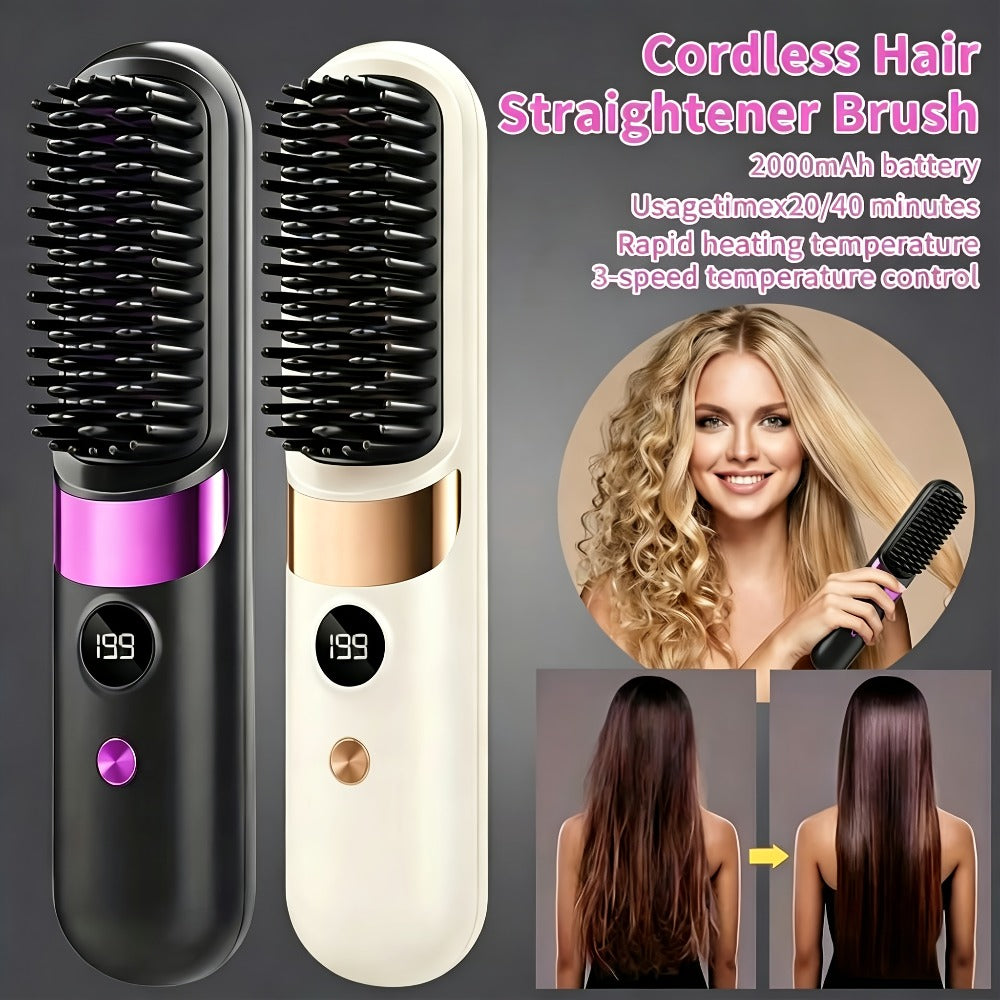 Straightening Brush, Portable Heated Comb, Travel Straightening Comb, Quick- Mini Cordless Straightening Brush, Heat Protection, Ideal for Travel And Daily Use, Suitable for Men's Beards And Women's Hair, Gift for Women And Men