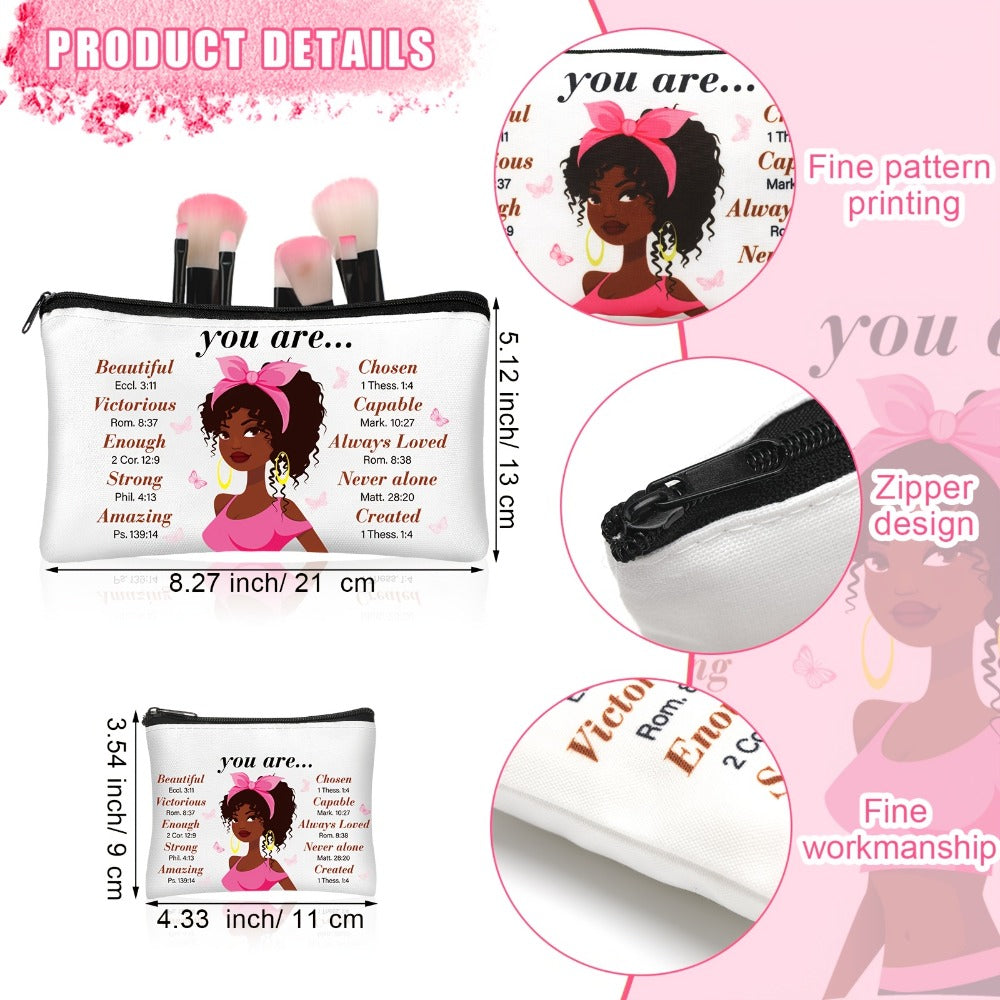 12pcs African American Makeup Bag Black Women Makeup Bag Inspirational Gift Bag African Queen Zipper Travel Bag Wallet Toilet Storage Bag, 8.3 X 5.1 Inches, 4.3 X 3.5 Inches (Classic)