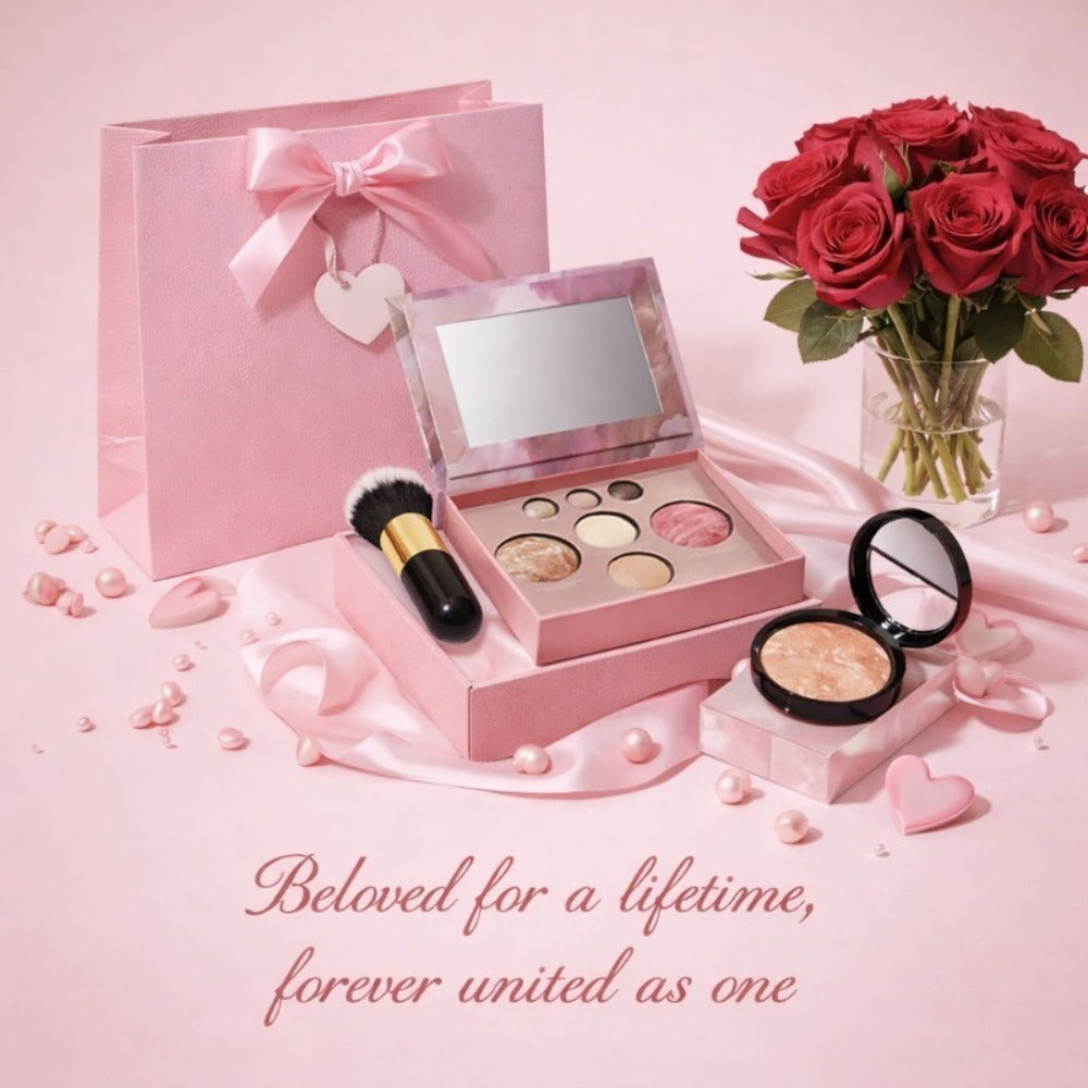 Baked Makeup Palette Set 3pcs - 7-Color Face Powder Blush Eyeshadow Trio & Concealer Brush - Portable Travel Compact for Flawless Finish - Valentine's Day Gift Set for Women All Skin Tones