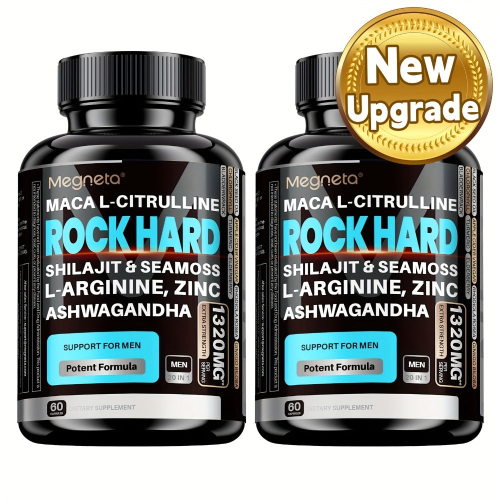 ROCK HARD Supplements | Strength, Energy & Vitality | With Shilajit, Ashwagandha, Maca, Sea Moss, L-Arginine | Day& Night Support, 60 Capsules, 30-Day Supply