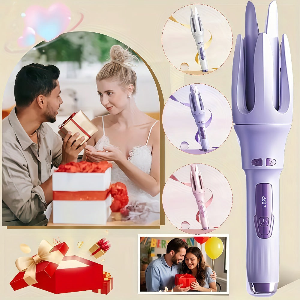 Automatic Rotating Curling Iron 4 Temperature Settings Negative Ion Ceramic Barrel Anti-Tangle Auto Shut-Off Dual Voltage 110-240V Fast Heat 30s Beginner-Friendly Gift for Women