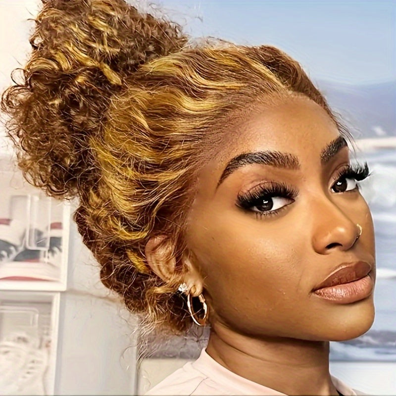 Honey Blonde Ombre Wig P4/27 Highlight Long Deep Wave Wig Long Curly Wavy Wig 200% Density Pre Plucked Glueless Wig HD Lace Ready To Wear Wigs Heat Resistant Fiber Wig For Fashion Women Girls Party Vacation Daily Used 28inch