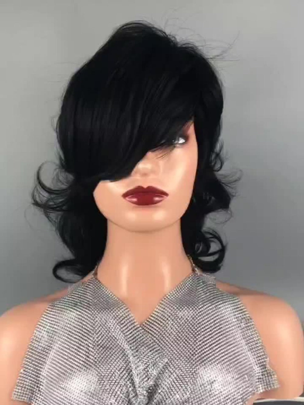 Pixie Cut Mullet Wig with Bangs for Women Curly Wave Synthetic Short Hair Wig 150% Density Rose Net Cap Heat Resistant Fiber Natural Realistic Look Low Maintenance