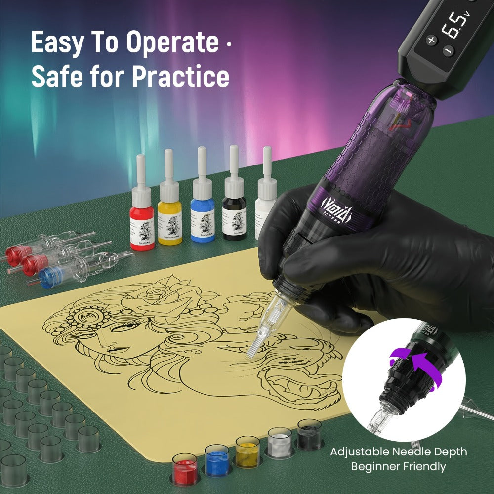 VOID Wireless Tattoo Pen Kit | Cosmic Purple-Aurora Green | 1200mAh Battery | LED Display | Tattoo Needle| Anti-slip Grip Beginner Practical Kit