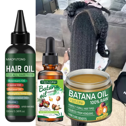 Bataina Hair Oil 3-Piece Set | Cold-Pressed Biotin Hair Oil + Essential Oil + Conditioner | Strengthens Prevents Breakage Split Ends Enhances Shine | All Hair Types