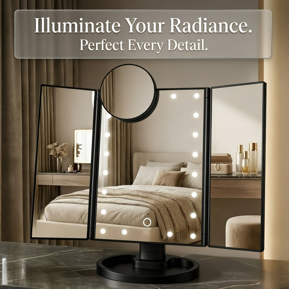 Vanity Mirror with Lights Tri-Fold 21 LED Lighted Makeup Mirror - Touch Control 1X 2X 3X 10X Magnification 360° Rotation Dual Power Trifold Tabletop Mirror