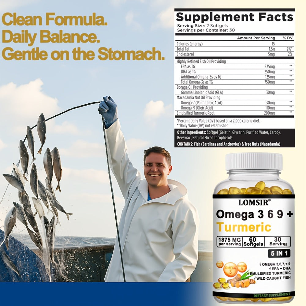 LOMSIR Omega 3-6-9 + Turmeric Softgels (DHA & EPA) - Wild Fish Oil Blend, Emulsified Turmeric, 60 Softgels, Daily Balance, Easy-to-Take