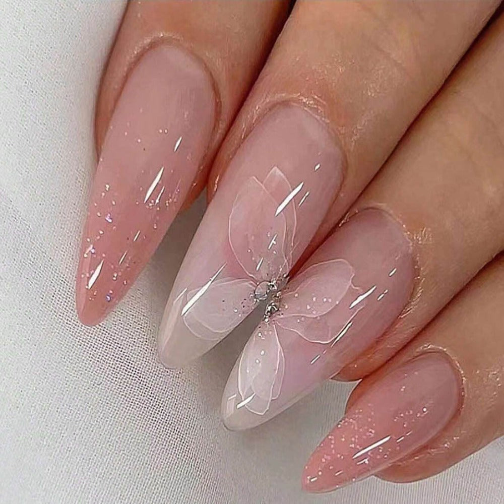 96pcs 4pcs Shiny Ice Pink Gradient Almond Nails - Exquisite Flower Butterfly Design, Easy to Bloom with Press - Perfect Daily Wear for Women and Girls