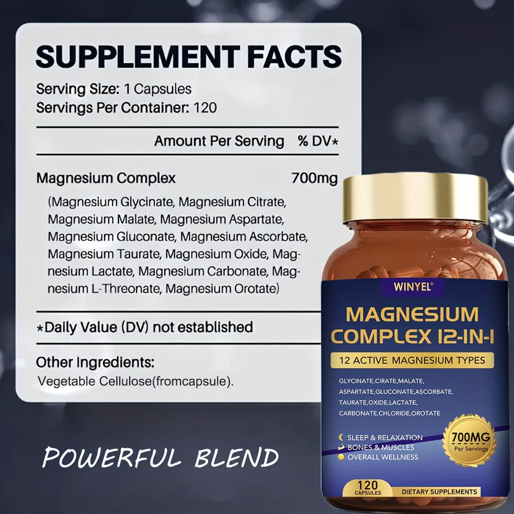 12-in-1 Magnesium Complex Supplement 700 MGwith Glycine, Citrate, Malate, Oxide, Taurine, Aspartate, And Magnesium Phosphate for Sleep, Mood, Nerve, Heart Health, Muscle Function, 120 Capsules