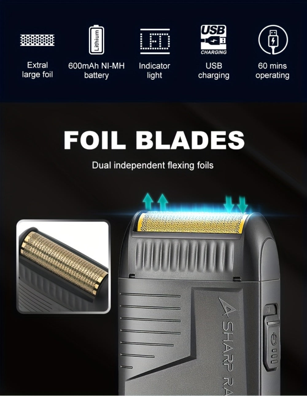 Electric Razor for Men VGR USB Rechargeable Cordless Foil Shaver Professional Beard Sideburn Trimmer Travel Hair Trimmer Minimalist Black Gift for Him