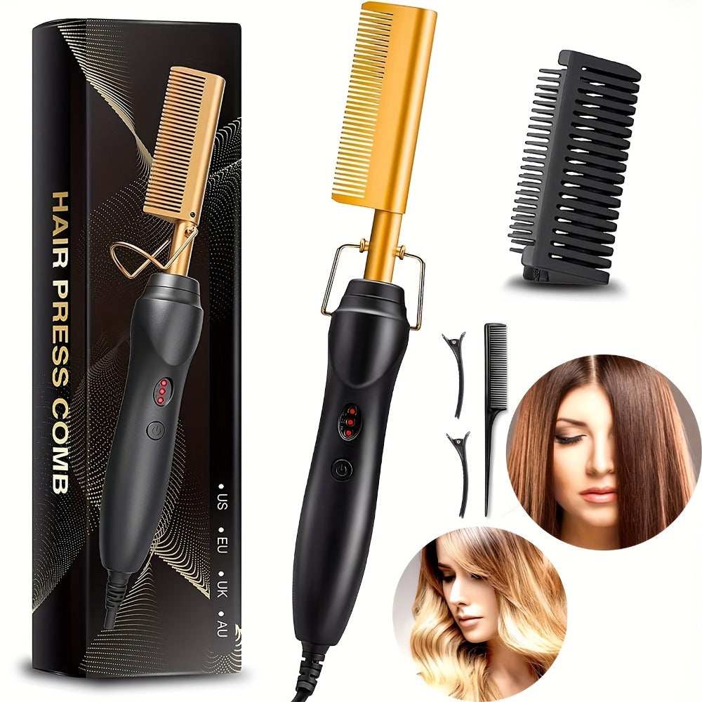 Hot Comb Hair Straightener, Electric Comb, Portable Travel Anti-Burn Beard Straightener Press Comb Ceramic Curler Flat Curler
