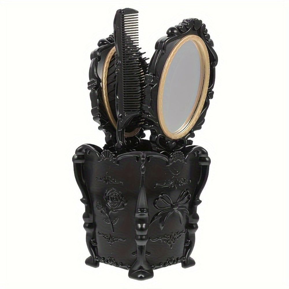 Black Mirror Comb Set, Scalp Massage Hairbrush with Mirror, Retro Hair Comb, Makeup Hair Comb