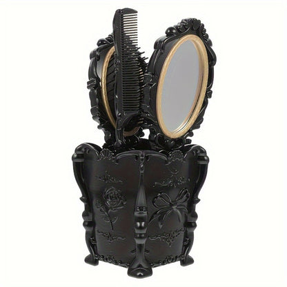 Hair Comb Set with Mirror Scalp Massage Hairbrush Retro Pocket Mirror Comb Makeup Vanity Brush Set for Women Girls Travel Daily Grooming Black