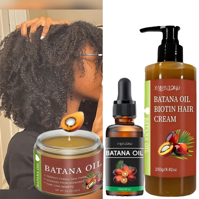[Make Hair Look Thicker] 3pcs Honduras Batana Hair Cream And Batana Hair Oil And Batana Essential Oil, Pure Cold-Pressed Extract Containing Biotin to Nourish The Scalp And Hair, Strengthen And Prevent Breakage And Split Ends, Add Luster