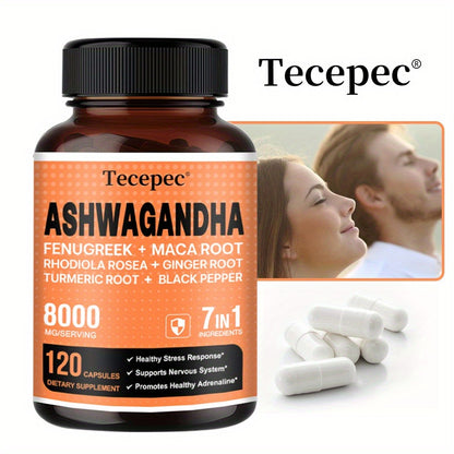 Ashwagandha Capsules 7-in-1 Adaptogen Stress Relief Supplement with Maca, Rhodiola Rosea, Ginseng & More | Supports Stress, Energy & Nerve Health | 120 Capsules | 1 or 2 Bottle Pack