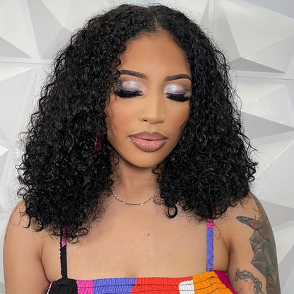 Deep Wave Wig Human Hair Glueless 250% Density Lace Front Wig Pre Plucked Pre Cut Lace Buckle Cap Loose Wave Human Hair Wigs for Black Women Natural Black 14 Inch