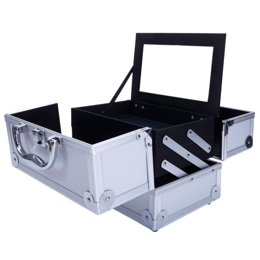 Professional Makeup Train Case, Large Capacity Aluminum Cosmetic Trolley Organizer, Portable Jewelry Storage Box with Adjustable Dividers & Lockable Keys, Travel Makeup Artist Tool Box