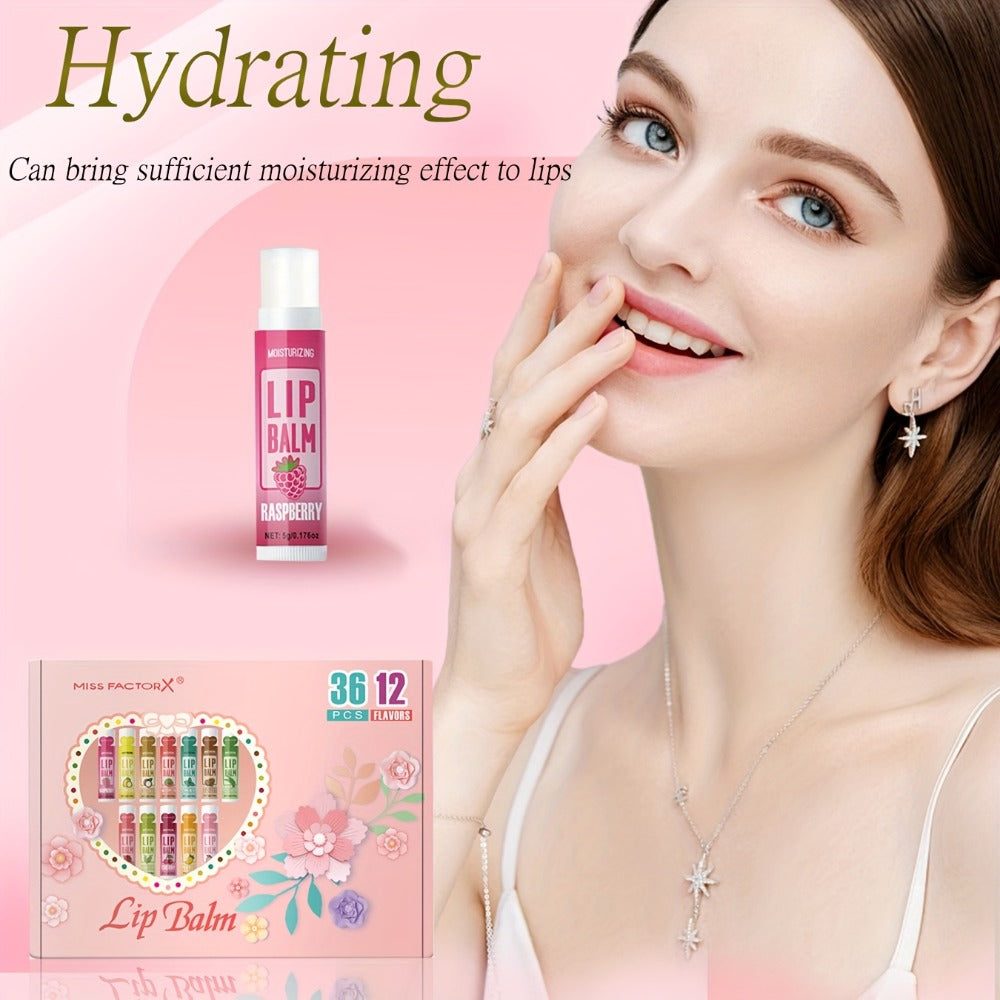 Lip Balm Set 36 Pcs Moisturizing Tinted Lip Butter with Jojoba Oil 12 Flavors Natural Hydrating Lip Care for Dry Lips Adults Gift Box