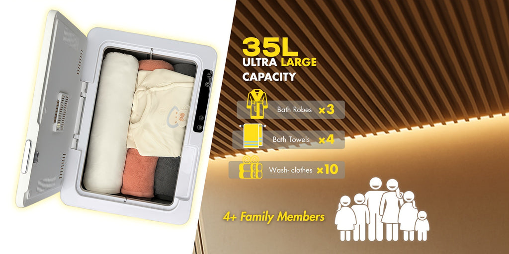 A Towel Warmer Suitable for Bathrooms, a Foldable Towel Bucket, Blanket Warmer, with a Large 35-liter Capacity for Fast. Features and Drying Modes, a Timer Function, and Comes with 6 Tablets. The Perfect Holiday Gift and a Must-have for Staying Warm!