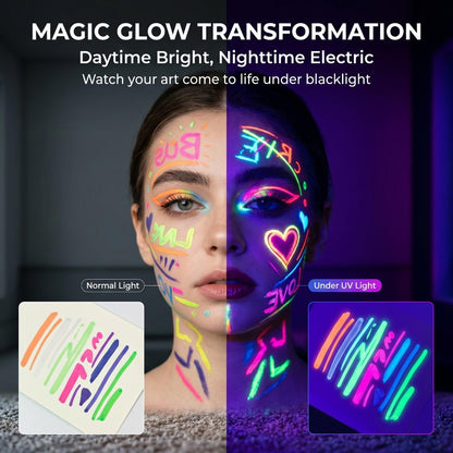 Face Body Paint Pens 18 Colors with Reusable Stencils - Washable Neon Glow in the Dark Makeup Pens for Parties Events Magic Shows Performances Body Art