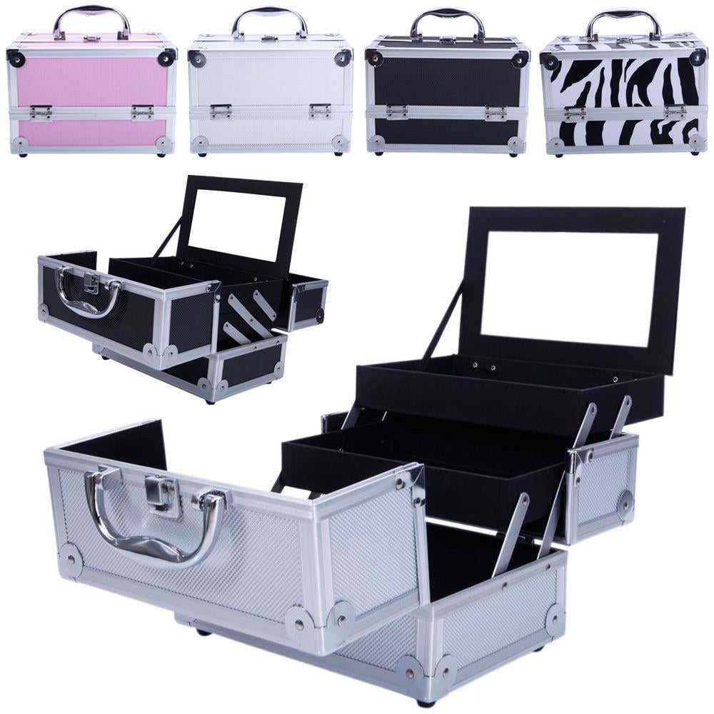 Professional Makeup Train Case, Large Capacity Aluminum Cosmetic Trolley Organizer, Portable Jewelry Storage Box with Adjustable Dividers & Lockable Keys, Travel Makeup Artist Tool Box
