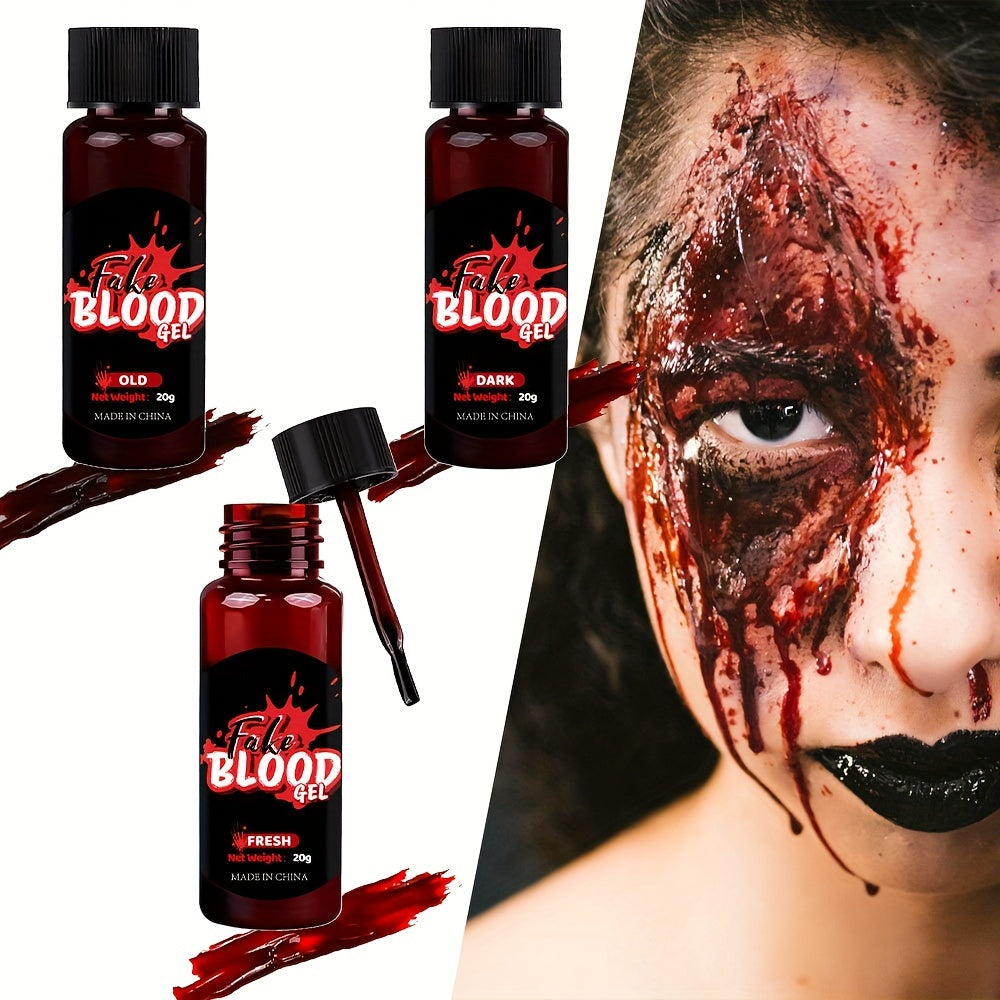 3pcs Fake Blood Makeup Kit, Realistic Sticky Fake Fresh Blood with Brush, Washable Coagulated Dark Old Blood, Theater, Zombie, Vampire Monster SFX Scary Clown Cosplay Makeup Special Effects Dress Up