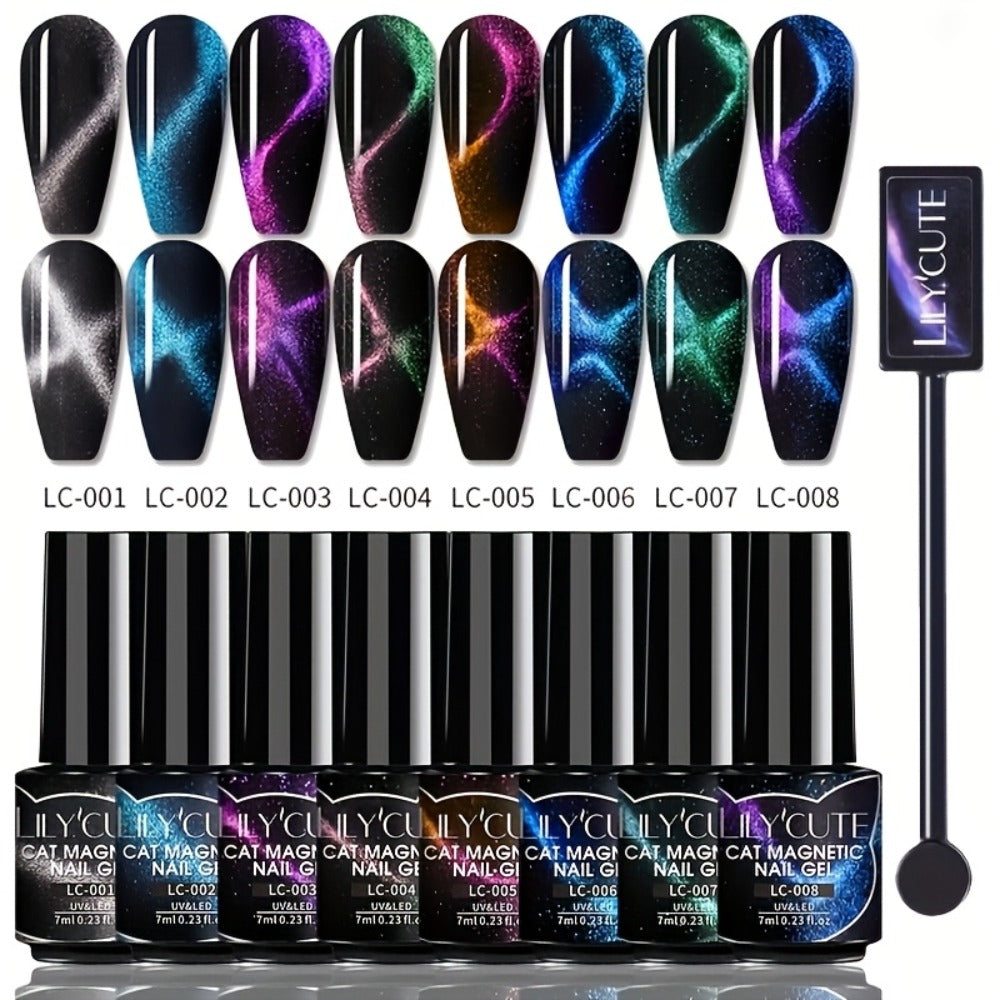 LILYCUTE 0.24oz 8pcs of Black Crystal Cat Magnetic Gel Nail Polish with Aurora Glitter, Semi-Permanent Gel for Nail Art, No Base Color Required