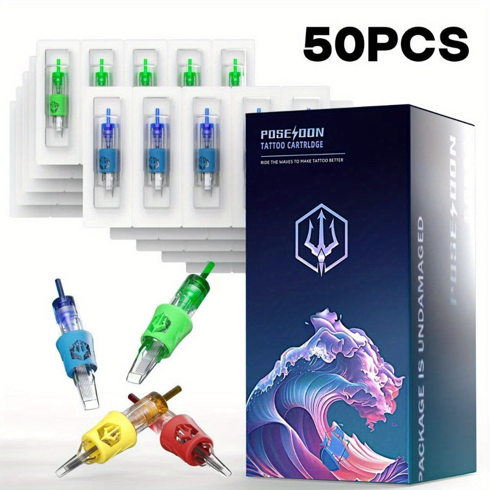 Poseidon 50pcs Tattoo Cartridge Needles Assorted Mixed Size Round Liner Shader Magnum Curved/Round Mag # 12 Standard 3RL 5RL 7RL 9RL 5RS 7RS 9RS 7RM 9RM 9M1 Disposable Membrane For Tattoo Pen