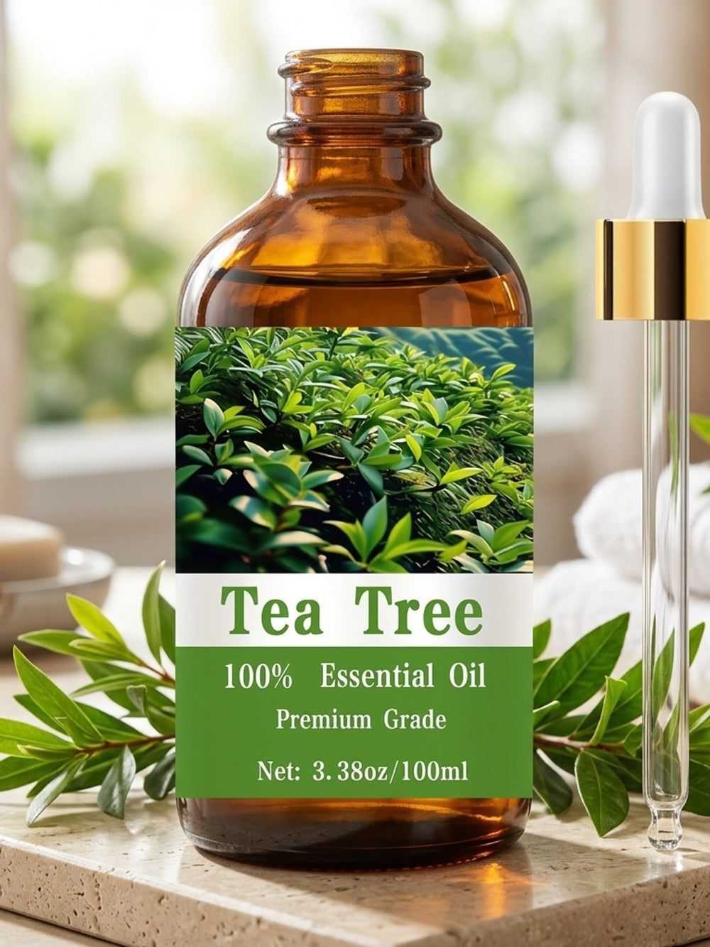 Tea Tree Essential Oil, 100ml/3.38fl.oz, 100% Pure Care Grade for Nail, Hair & Skin Care, Massage, Moisturizing Massage Essential Oil for Men & Women, Meditation Gift, Perfect Christmas Gift