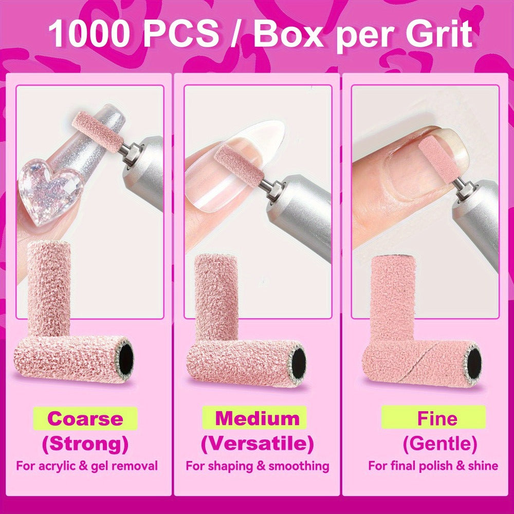 1000pcs Professional Nail Drill Bits with Mandrel - Coarse/Medium/Fine 3 Grit Sanding Bands, 3mm Straight Line Drill Bits Suitable for Removal, Nail Filing, Manicure & Pedicure Tools - Salon & Nail Care (1000pcs)