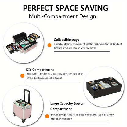 Rolling Makeup Train Case 4-in-1 Aluminum Lockable 4 Removable Wheels Collapsible Trays DIY Compartments Telescopic Rod Cosmetic Organizer Trolley for Makeup Artists Salon Travel Black Pink Rhinestone