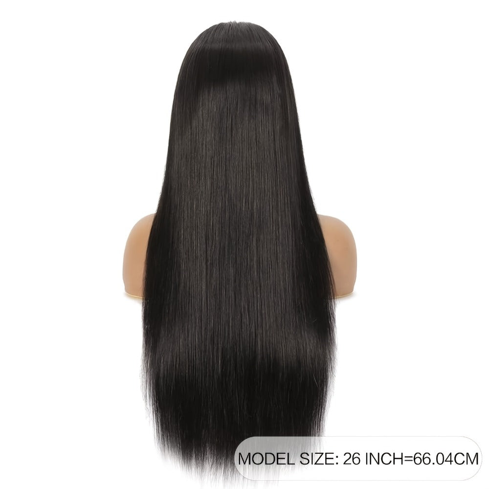 Long Straight Black Wig with Bangs 26 Inch Heat Resistant Synthetic Hair Full Machine Cap Women Cosplay Halloween Party Daily Wear Sleek Dramatic Lightweight