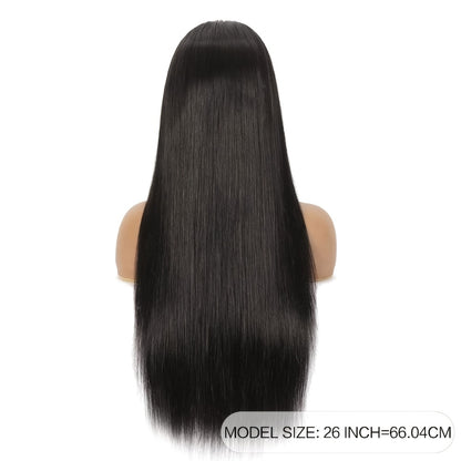 Long Straight Black Wig with Bangs 26 Inch Heat Resistant Synthetic Hair Full Machine Cap Women Cosplay Halloween Party Daily Wear Sleek Dramatic Lightweight