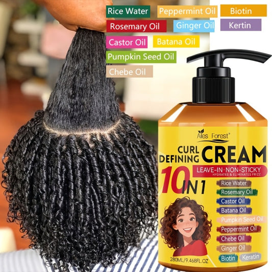 1 Bottle 9.47 oz 10-in-1 Curl Defining Cream | Moisturizing, Leave-in Non-Sticky Styling Cream for Adults - Enhances Curl Definition and Hydrates Hair, Suitable for Normal, Wave, and Curly Hair, Unisex, Fashionable Bottle Design