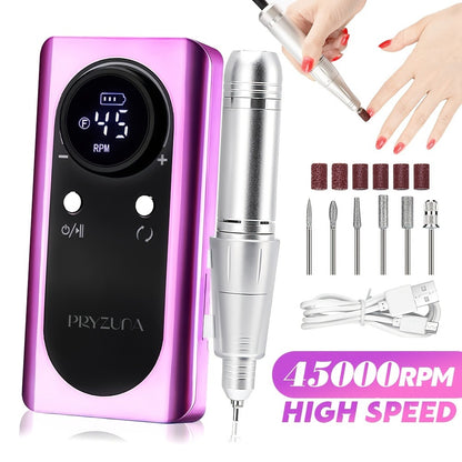 Nail Drill Machine 45000 RPM Brushless Motor Rechargeable Electric Nail File with LCD Screen 6 Bits Kit for Gel Acrylic Manicure Pedicure Home Salon Professional