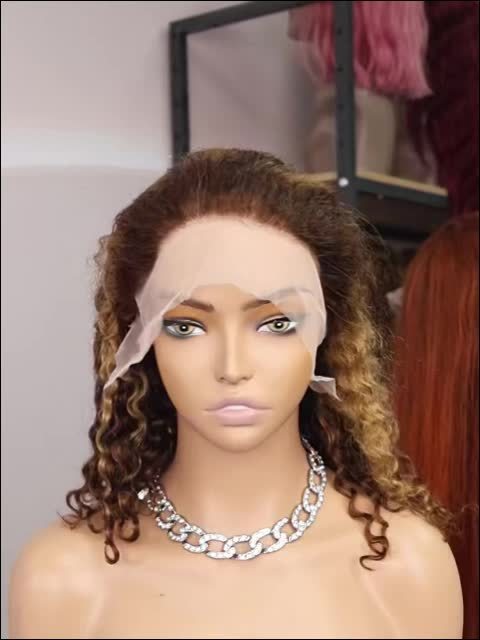 4/27 Highlight Curly Wigs Short Bob Wig 100%Human Hair Brazilian Water Wave Ombre Blonde Color 13x4 Full Lace Frontal Wig for Women
